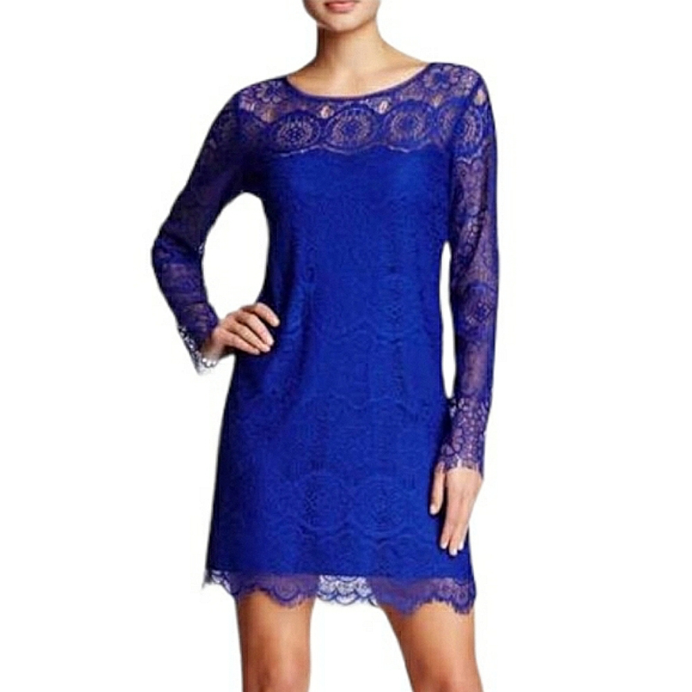 Max Studo Scalloped Hem Floral Lace Fringe Sheer Sleeves Shift Mini Dress Blue M